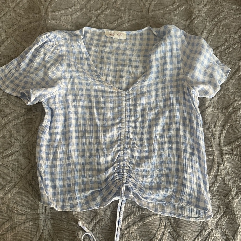 Pink Rose Blue and White Checkered Top